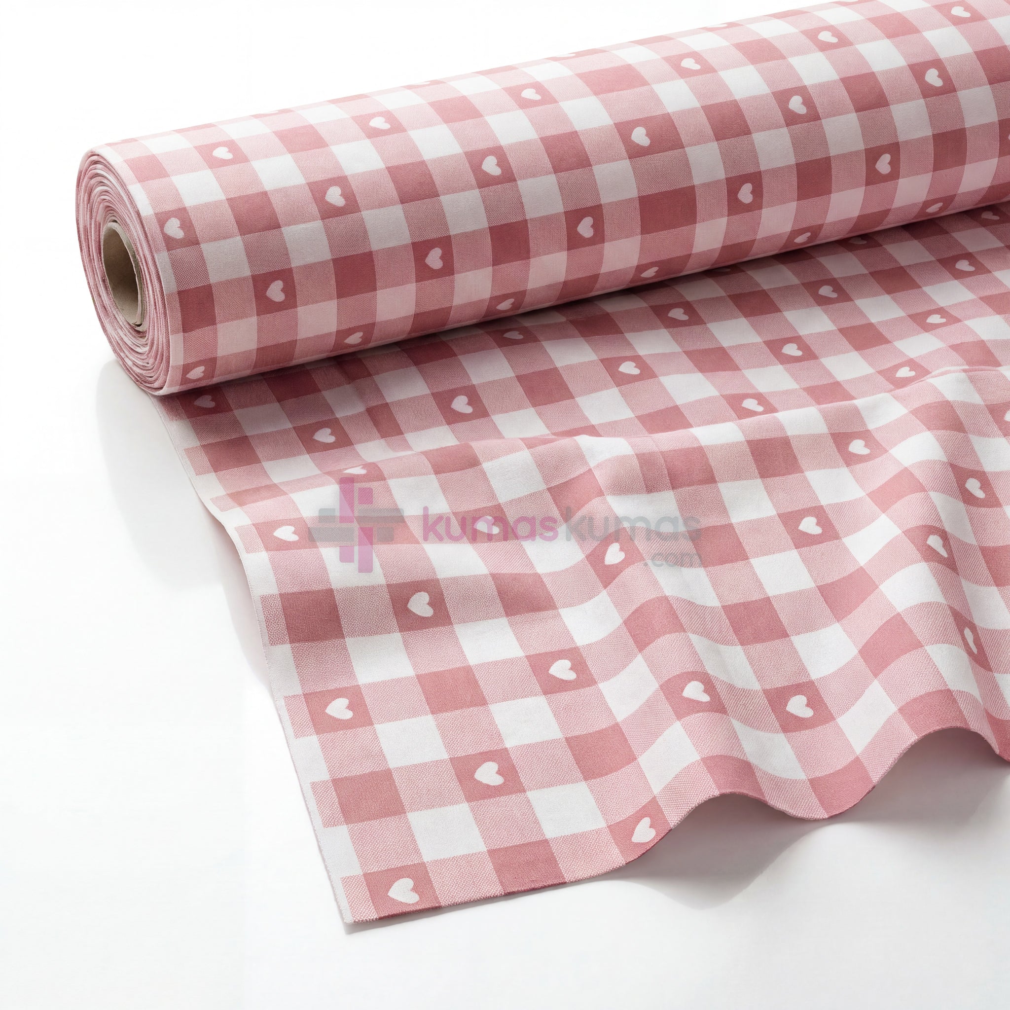 Kalpli Kareli Desenli Pamuklu Nevresimlik Kumaş - Pembe