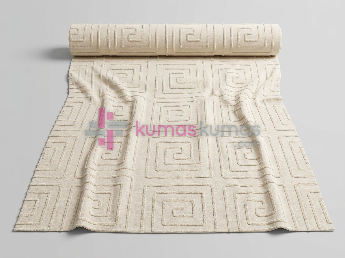 Krem Greek-Key Geometrik Sonil Dosemelik Kumas