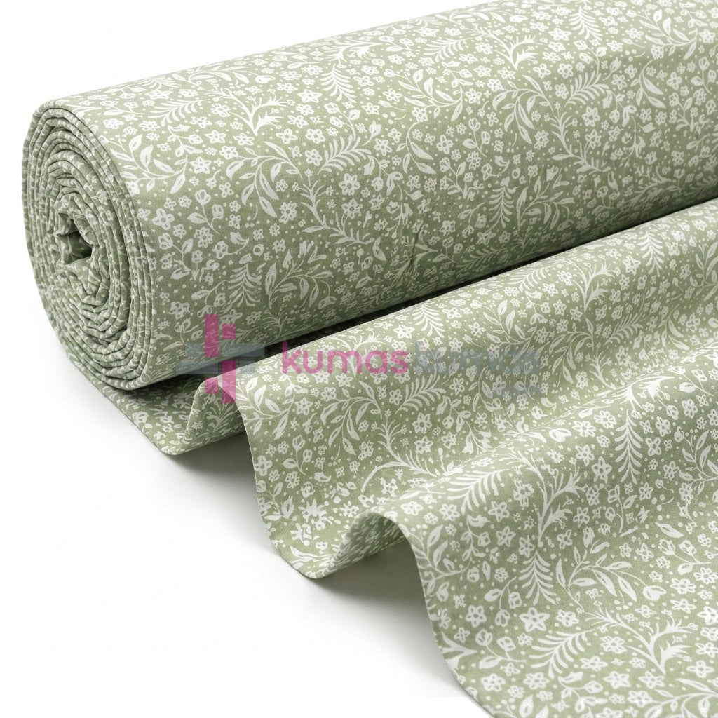 Minik Yaprak Desenli Poplin Kumas Yesil