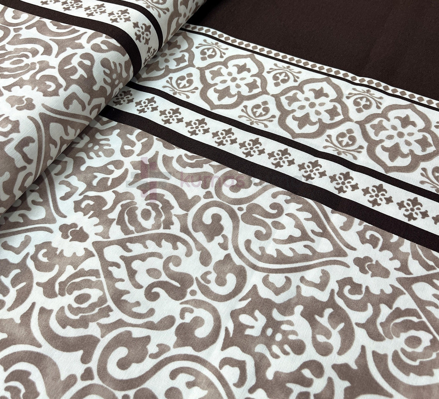 Damask Desenli Duck Keten Kumaş - Kahve