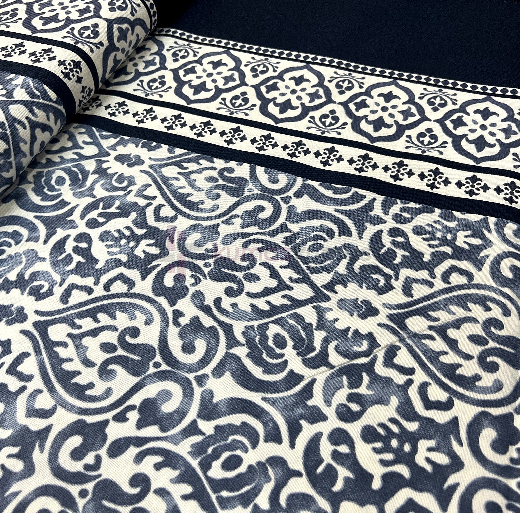 Damask Desenli Duck Keten Kumaş - Lacivert
