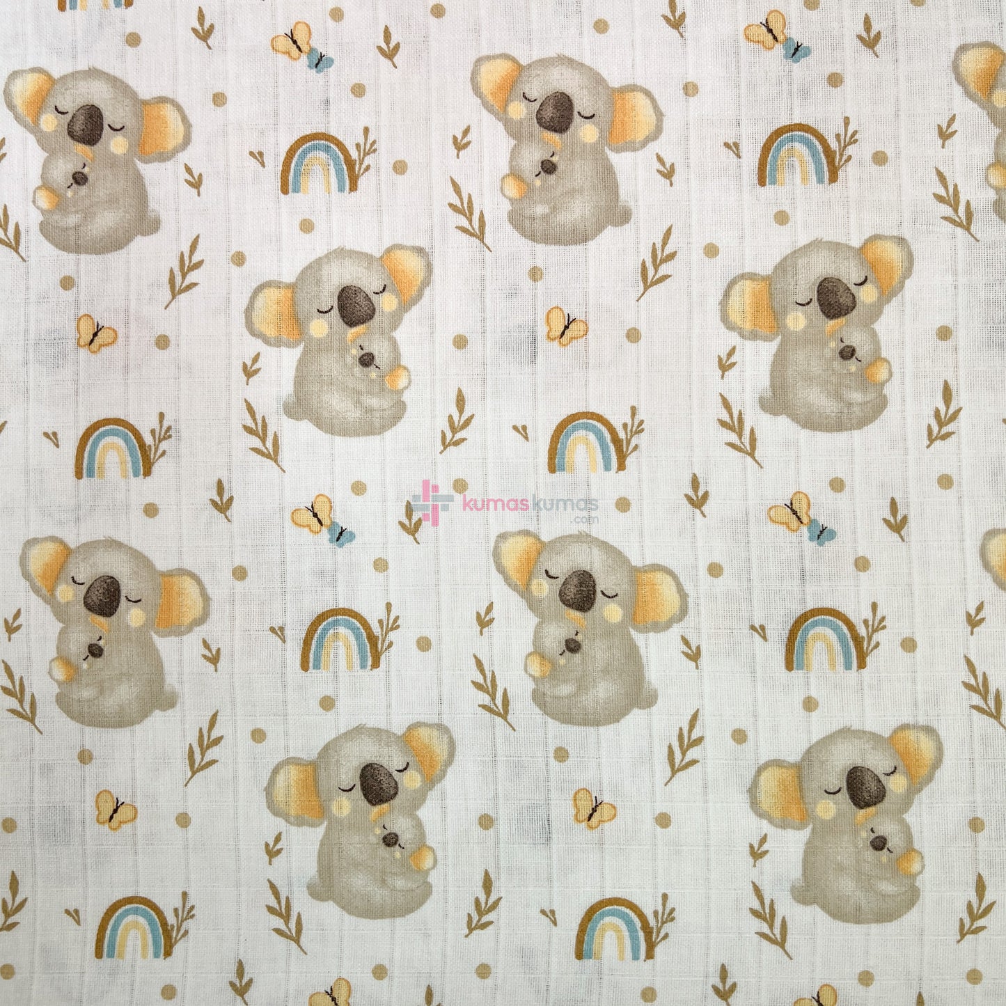 Koala Desenli Müslin Kumaş — doku detayı