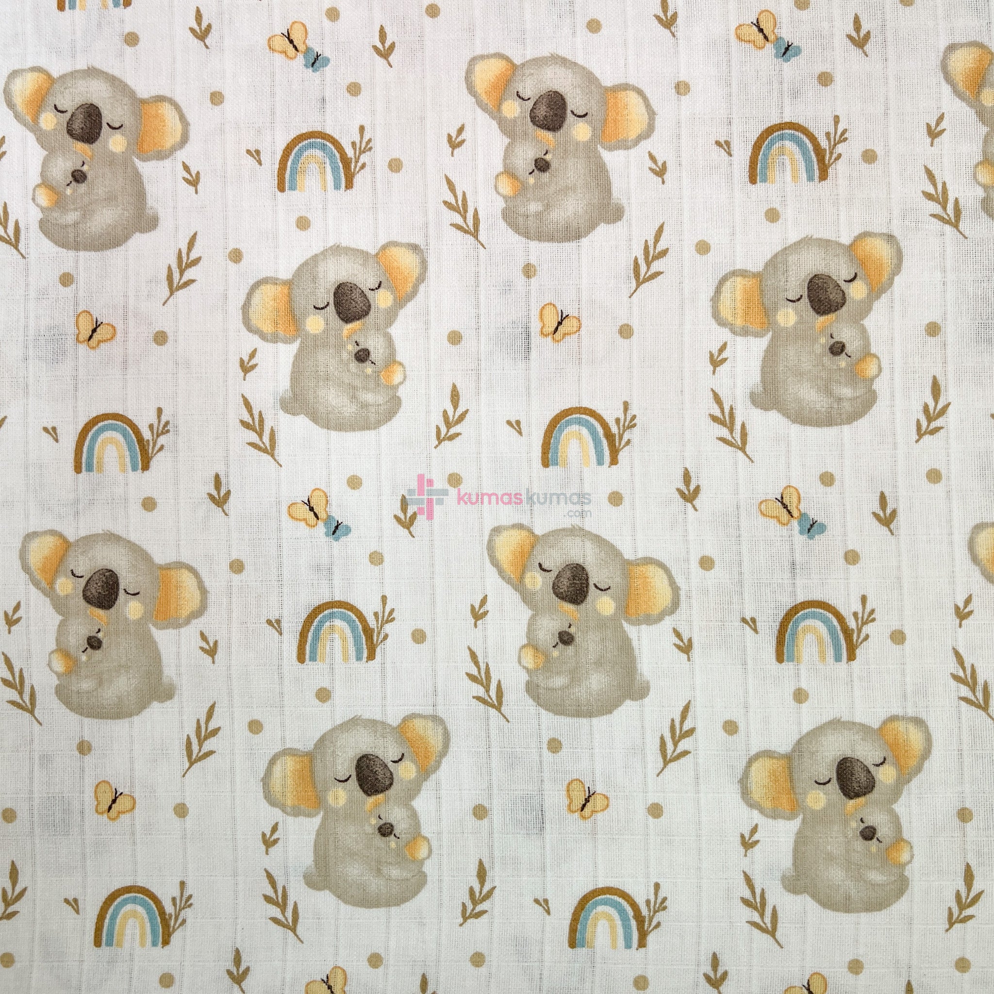 Koala Desenli Müslin Kumaş — doku detayı