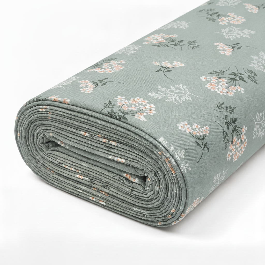 Pastel Kır Çiçeği Desenli Poplin Kumaş - Mint