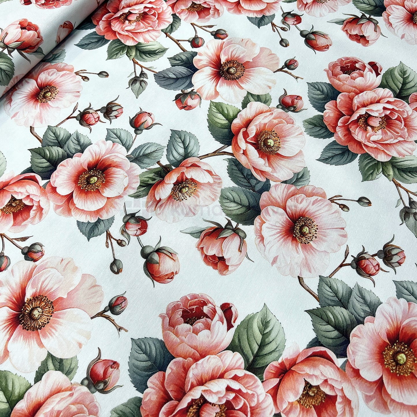 Pembe Gül Desenli Duck Keten Kumaş 1